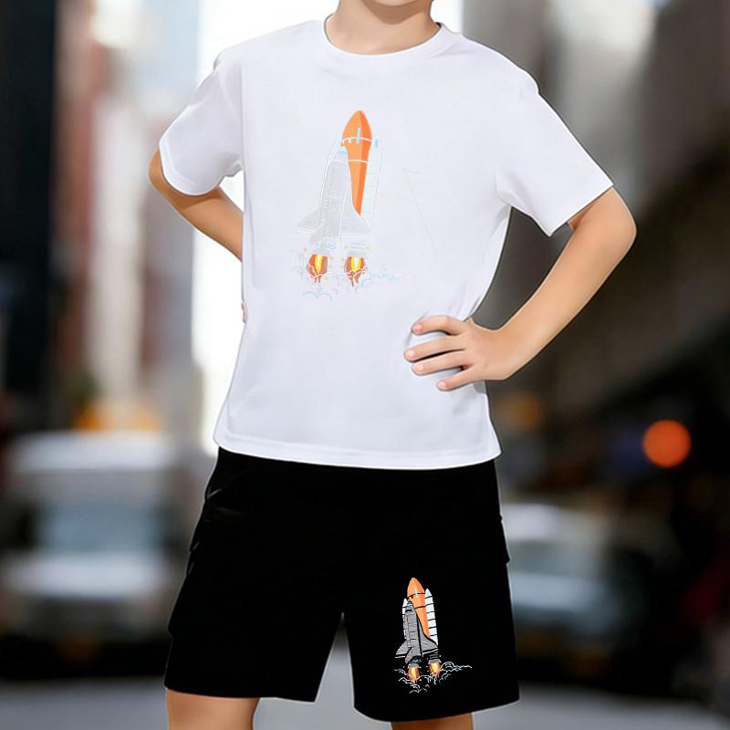 

Boys 2 Piece Space Themed Printed outfit, Short Sleeve T-Shirt and Shorts Set for Kids Age 5-14,White, Black Sporty Casual Summer Clothes 13-14 Years