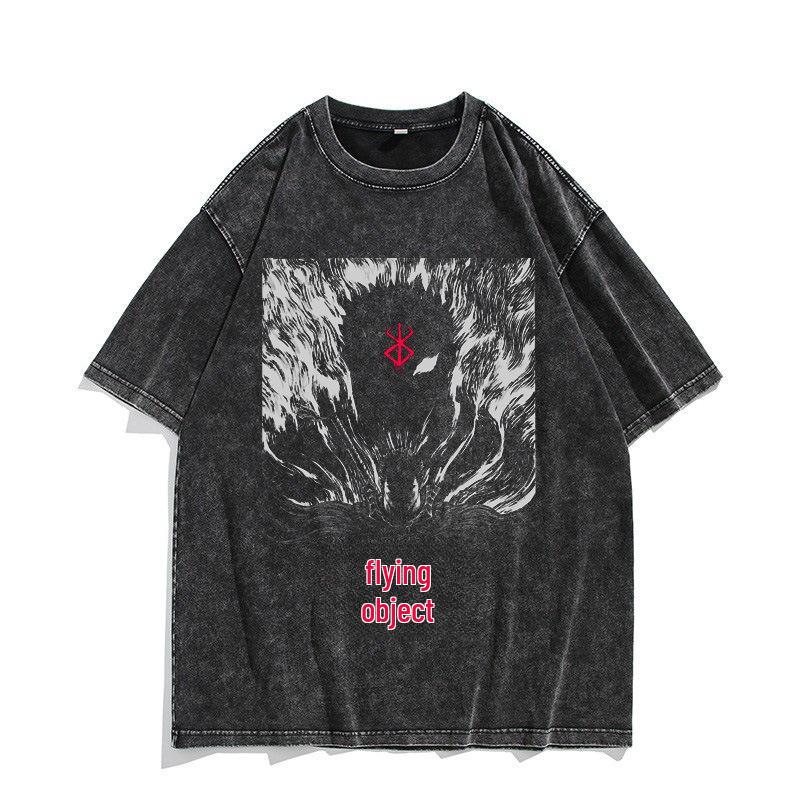 Retro Vyprané Pánské Tričko s Krátkým Rukávem Berserk Anime Bojovník