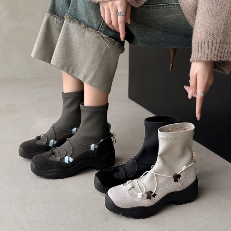 Fashion Niche Retro Platform Round Toe Women's Fashion Sports Booties Sock Boots