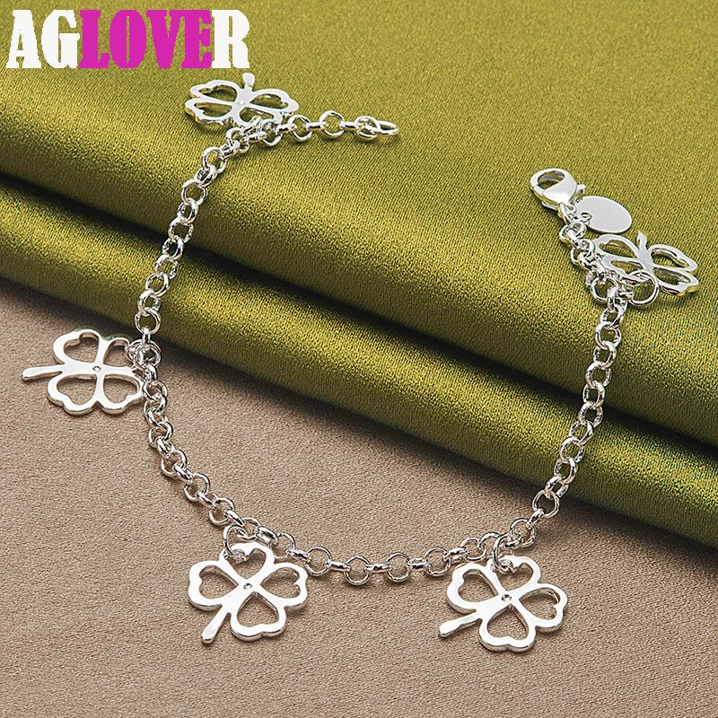 925 Sterling Silver Five Lucky Clover Flowers Pendant Bracelet Chain Jewelry