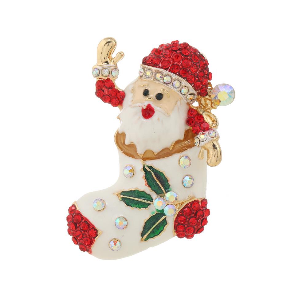 Retro Christmas Rhinestone Brooch - Glazed Santa Claus & Tree Pin Accessory