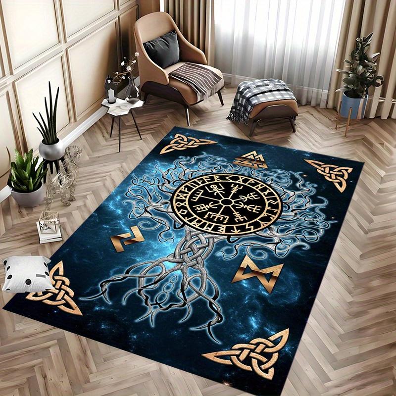 2D Flat Nordic Rune Tree Of Life Gold Symbols Flannel Area Rug Non Slip Viking Mythology Carpet ForLiving RoomBedroom FloorDecor