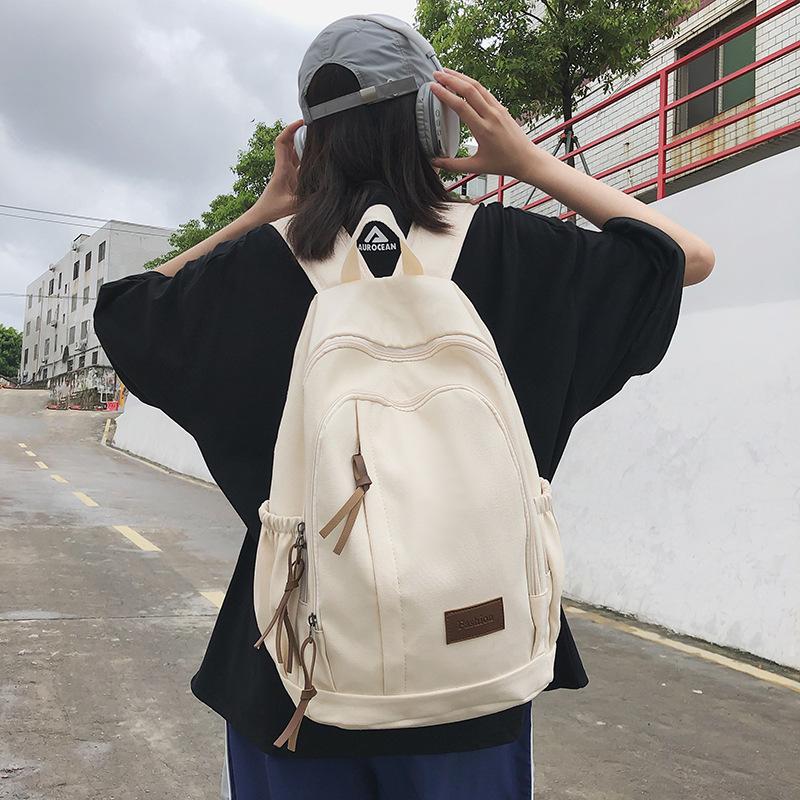 Schoolbag Backpack Women's Fashion Retro American Solid Color Korean Edition Trend Japanese Korean Edition Solid Color Cotton School Bag