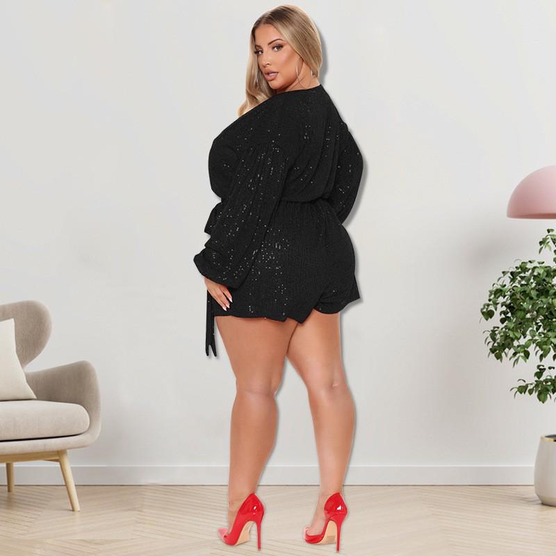 Plus Size Womens Embroidered Sequin Jumpsuit Orange V-Neck Long Sleeve Short Pants Outfit Curvy Ladies