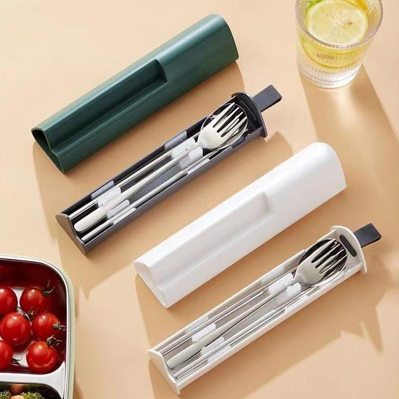 3Pcs/2Pcs Portable Tableware Stainless Steel Spoon Fork Chopsticks with Storage Box Lunch Travel Kitchen School Cutlery Set