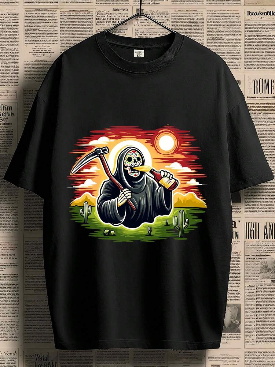 Unisexs Grim Reaper Drinking Beer Scythe Graphic TShirt Funny Gothic Halloween Costume Party Shirt S