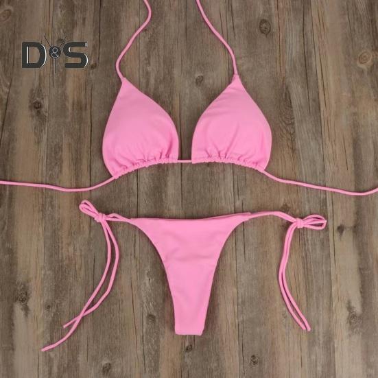 2 Pcs/Set Ladies Triangle Bikini Halter Neck Swimwear with Chest Pads Lace-up Thong Swimsuit Sexy Beachwear Bathing Suit for Beach Vacation Pool