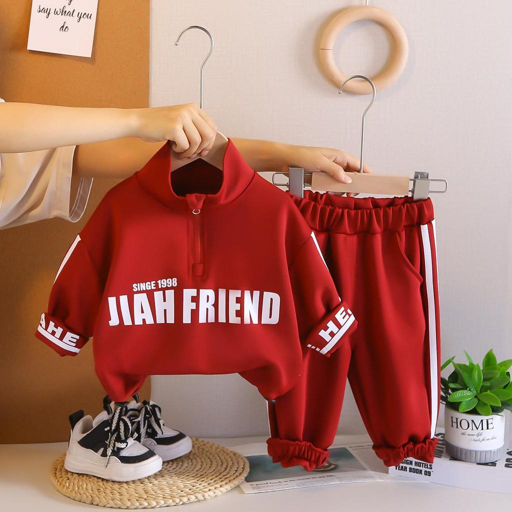 Boys' Long Sleeved 2-piece Set, English Standing Collar Hoodie Set for Children Aged 0-5, Handsome Clothes for Boys