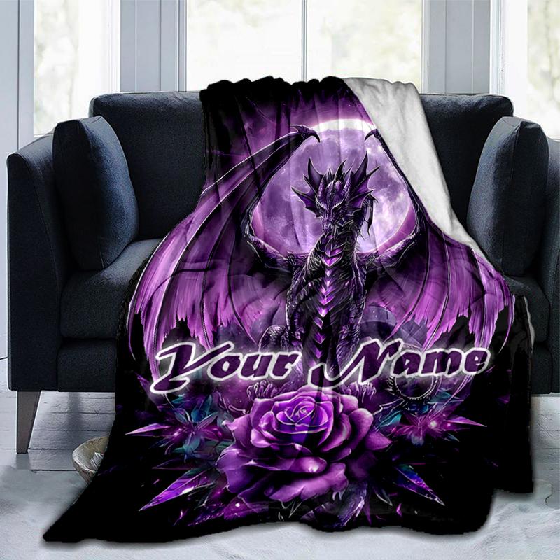 1PC Custom Name Purple Dragon Fantasy Art outdooor Flannel blankets Throw Blanket All-Season Throw Gift Bedspread for Couch, Bed, Camping Holiday Birt