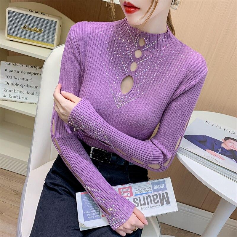 Módní svetr z korálků s dlouhým nafouknutým rukávem Jednobarevné sexy pletené topy pro ženy 2023 Korejské pulovry 29227