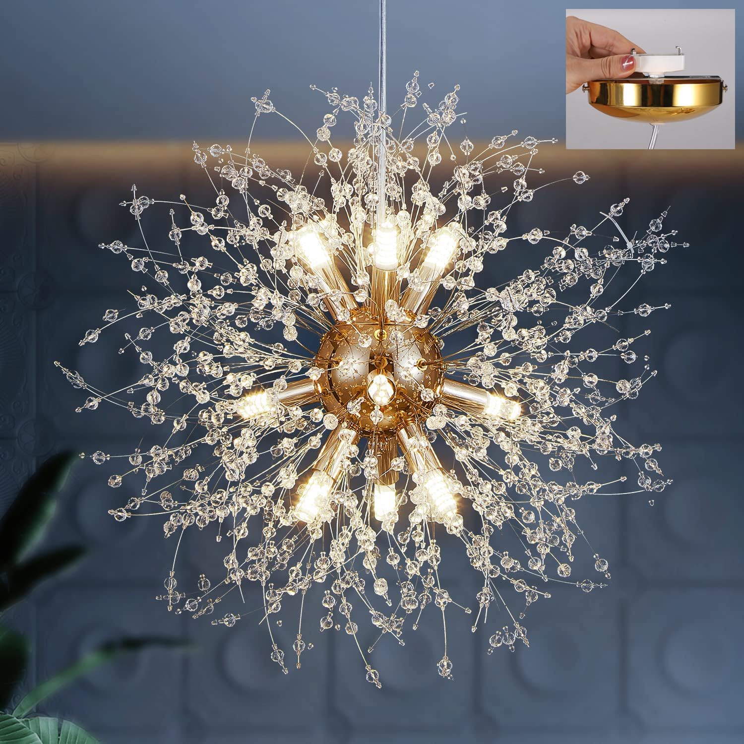 

Oobaa Modern Dandelion Chandelier Lighting Fixture, LED Crystal Chandelier, Includes 9 G9 Bulbs (Neutral Light, Silver)