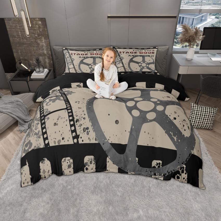 Homewish Vintage Movie Theatre Duvet Cover Set 2Pcs/3Pcs Retro Cinema Popcorn Bedding Film Theme Quilt Cover Set