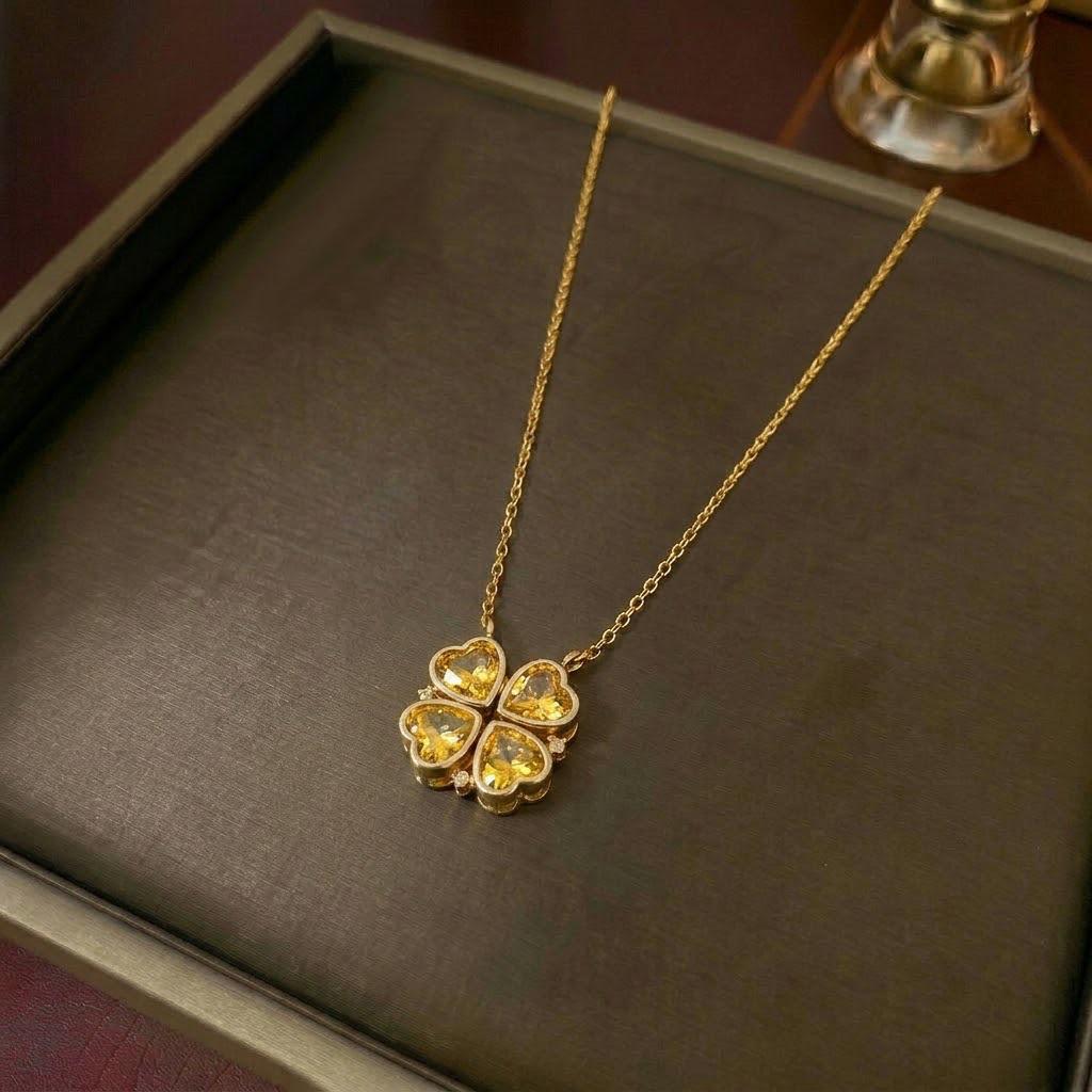 Women's Heart-Shaped Necklace with Four-Petal Flower, Cubic Zirconia, Titanium Steel Clavicle Chain - Elegant and Versatile Accessory
