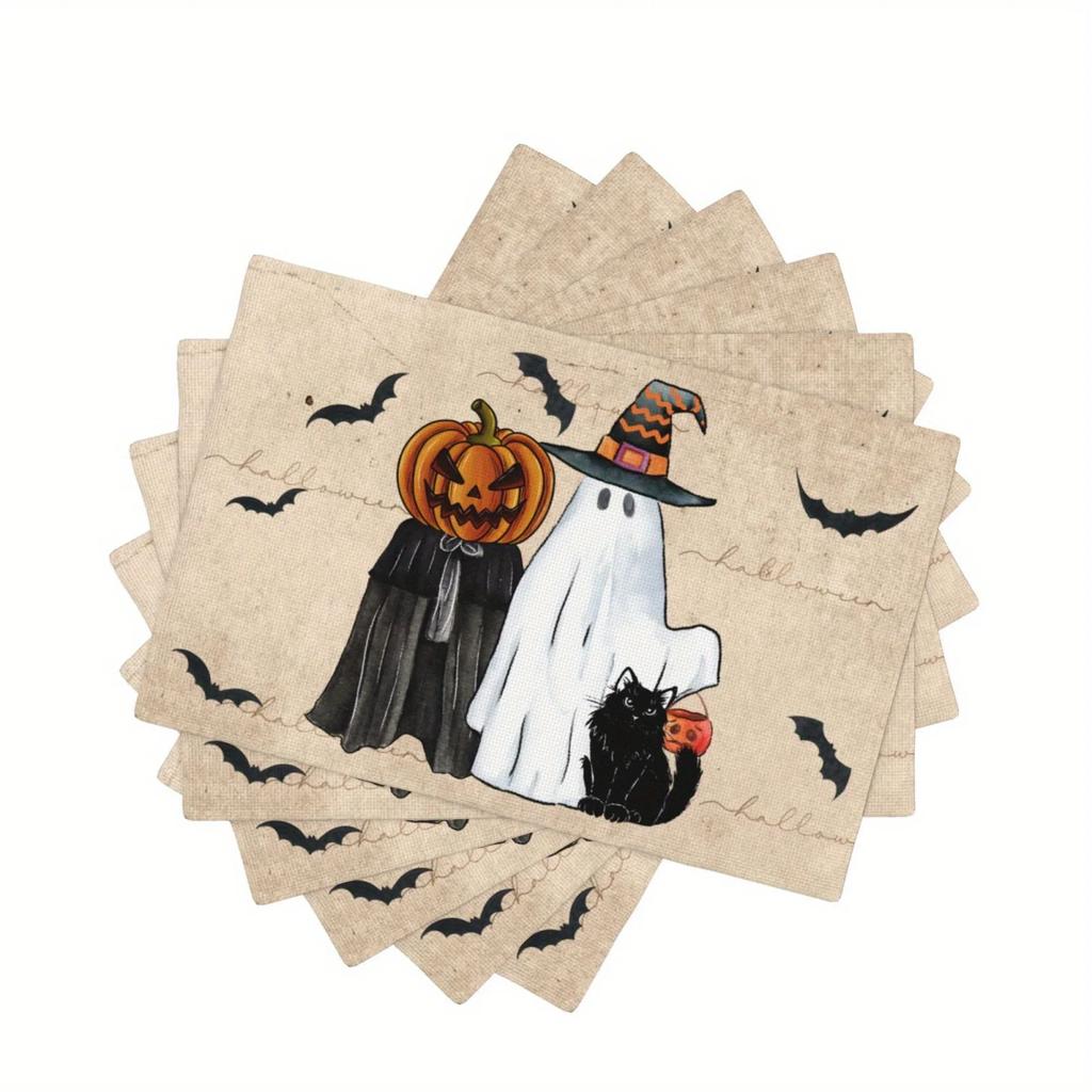 1PC Linen Halloween Ghost Pumpkin Cat Boo Halloween Placemats Seasonal Fall Table Mats for Party Kitchen Dining Decoration