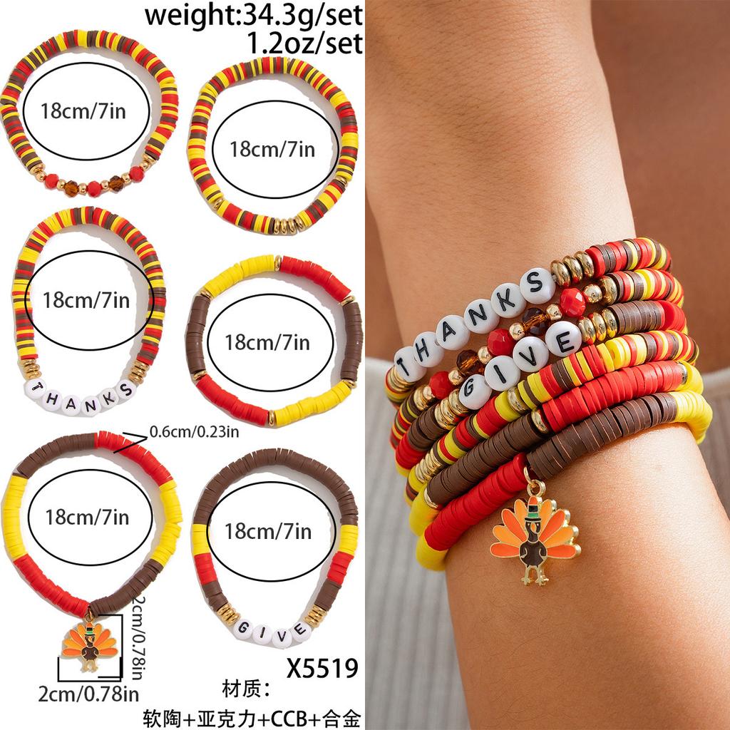 Thanksgiving Creative Turkey Pendant Colored Bracelet, Personalized Letter Pumpkin Bracelet, Charm Set