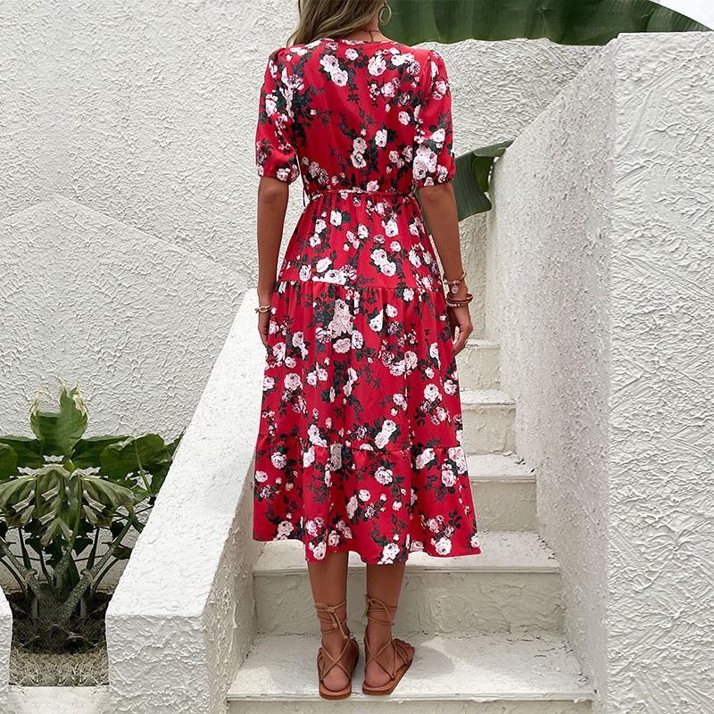 Dámské letní květinové šaty s výstřihem do V, krátkým rukávem a vysokým pasem