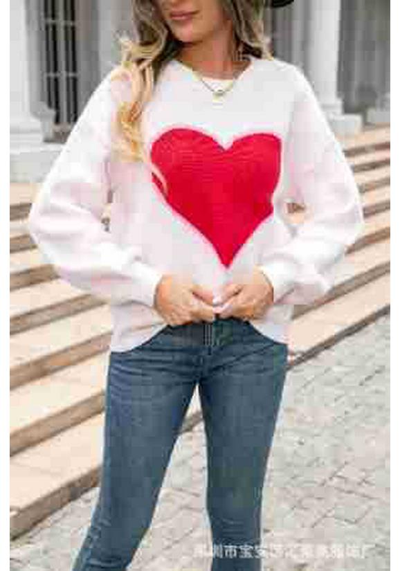 2026 Winter Valentine's Day Heart Pattern Round Neck Knit Pullover Sweater for Women - Plus Size Available