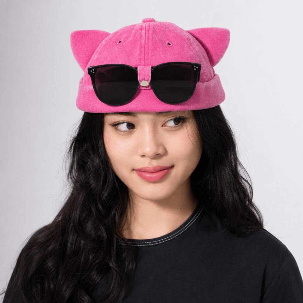 Cat Ears Brimless Hat with Sunglasses Sweet Breathable Woman's Landlord Hat Detachable Sunglasses Without Brim