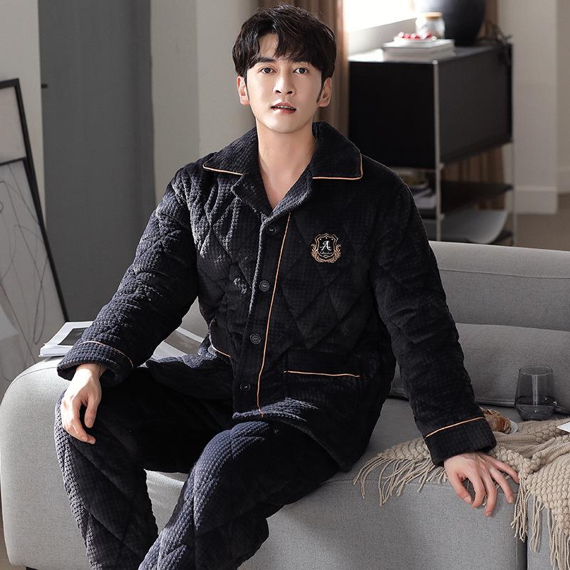 Pajamas Men'S Winter Three-Layer Thickened Fleece Thermal Jacket Autumn And Winter Coral Fleece Winter Loungewear Set