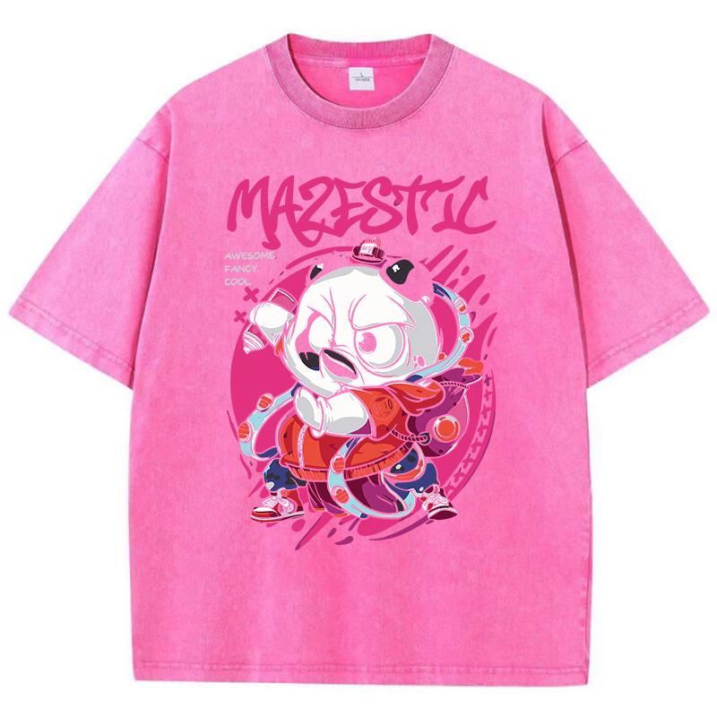 Street Woman Washed T-Shirts Niedliche Cartoons Kung Fu Panda-Print Kurzarm Rundhals Baumwolle Oversize Tops Kleidung