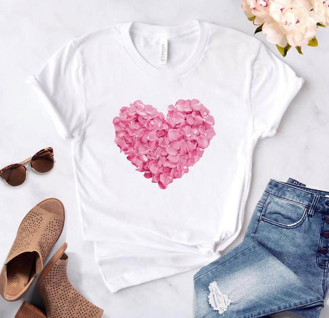 Love Heart Print T-Shirts For Women Clothing Round Neck Casual Top Clothes Short Sleeve Versatile Graphic Printed Fashion Shirts