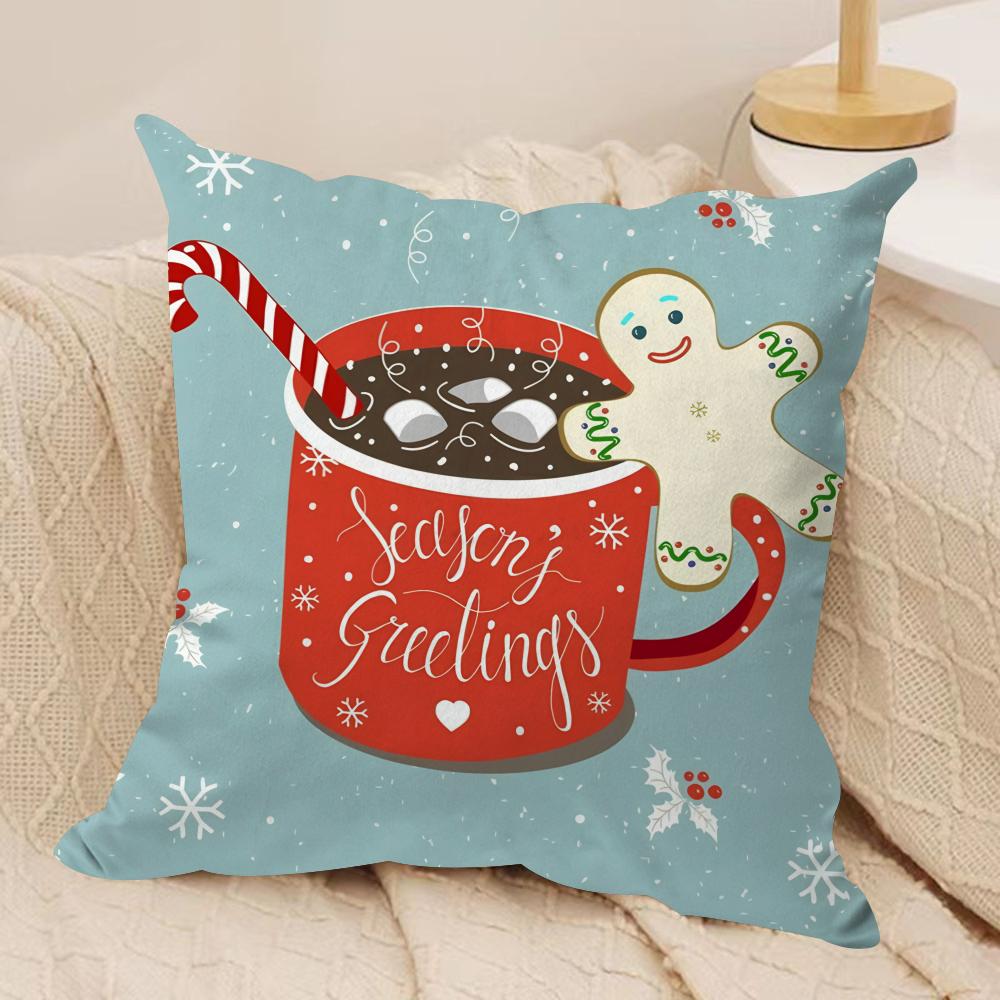 Christmas Pink Gingerbread Cushion Cover Silky Short Plush Invisible Zipper Dustproof Sofa Pillow Case For Home Decor