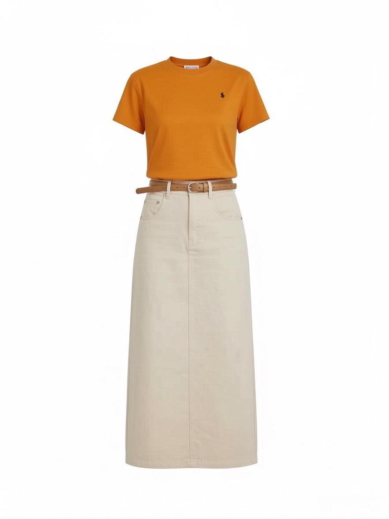 Korean Style Women's Casual Two-Piece Set: Short-Sleeve T-shirt & Denim Slit Skirt
