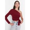 Claret Red Slim Tie Detailed Single Sleeve Crop Stretchy Knitted Blouse Twoaw23bz00094
