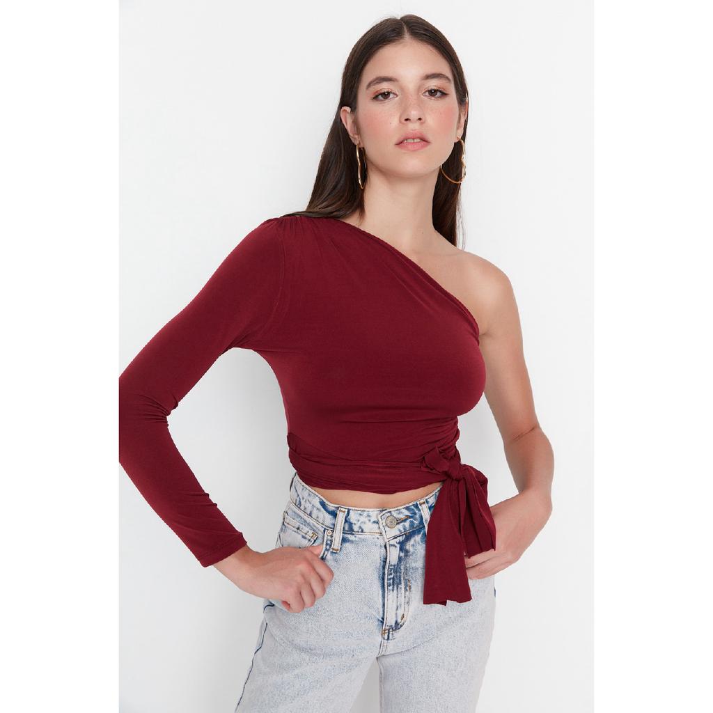 Claret Red Slim Tie Detailed Single Sleeve Crop Stretchy Knitted Blouse Twoaw23bz00094