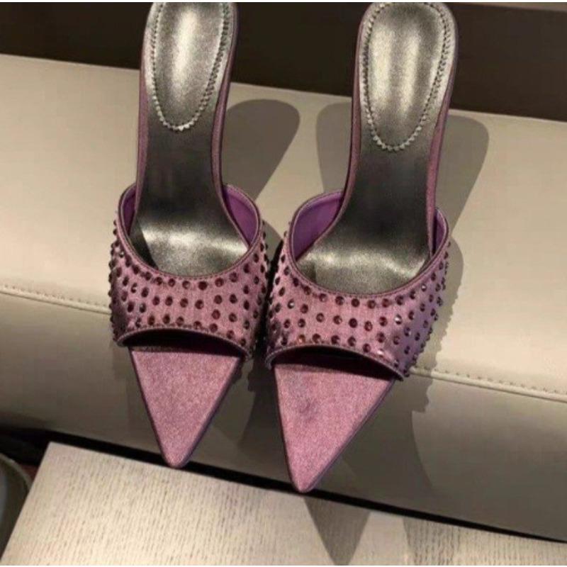 Fashion Fashionable Versatile High Heel Slippers Pointed Toe Rhinestone Decorated One-piece Strap Sandals Casual Elegant Ladies Shoes