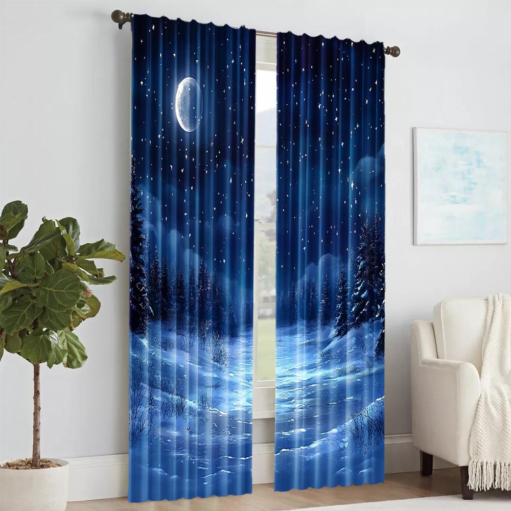 2 pcs   versatile polyester transparent curtains for home decoration Night Sky & Snow Scene for use in bedrooms and living rooms