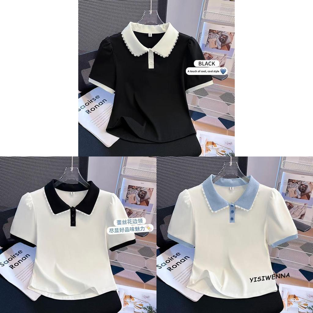 Summer Short Sleeve T Shirt For Women With Doll Collar And Spliced Fabric For Casual Wear
