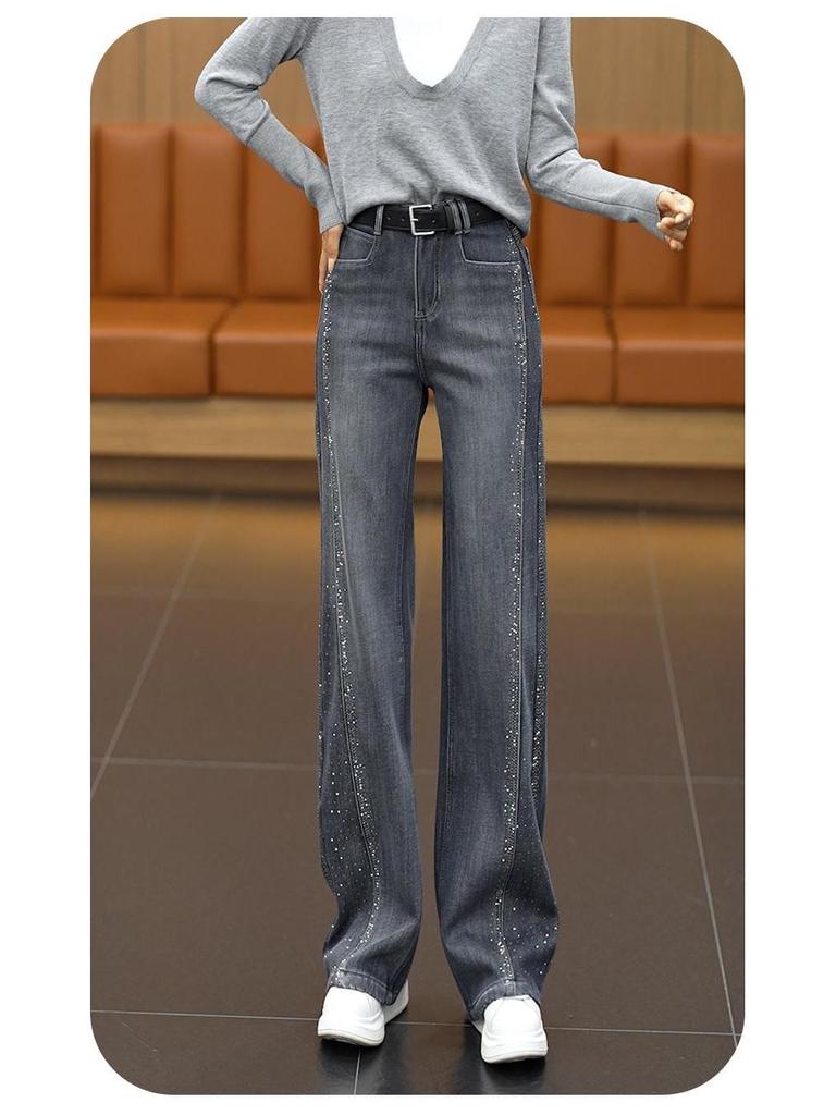 Retro Blue Rhinestone High-Waist Straight Leg Jeans for Women - Stylish, Versatile, Slimming Pants for Spring, Autumn, and Winter 2026