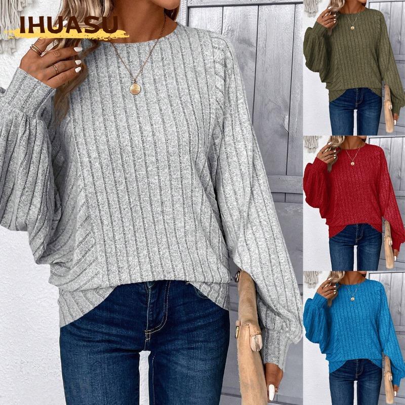 IHUASU Kadın Moda Günlük Düz Renk Baskılı Uzun Kollu O Yaka Bluzlar & Gömlekler