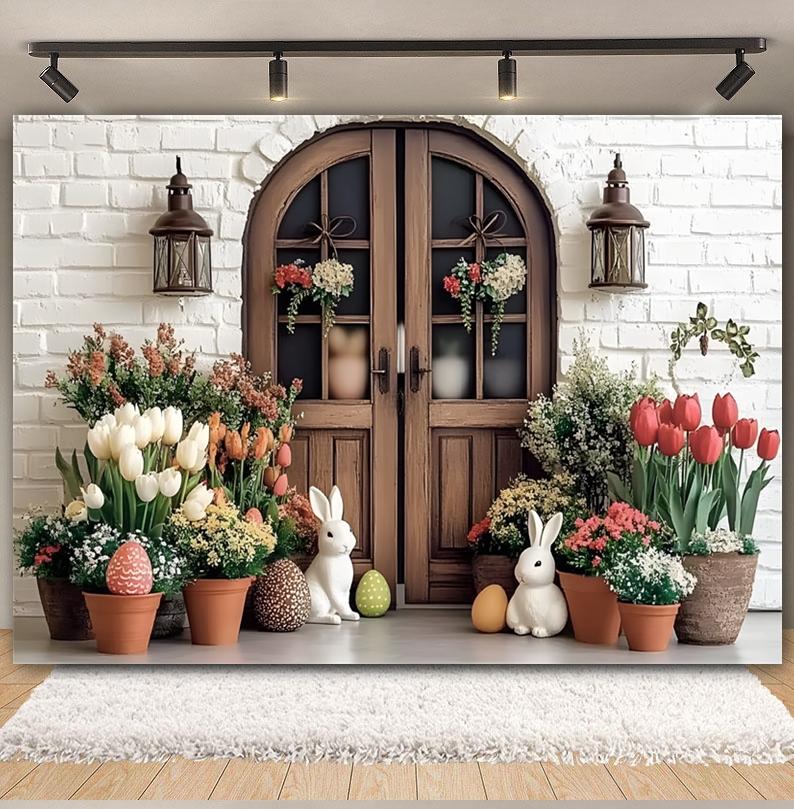 Easter white brick wall flower rabbit Easter egg shooting Backdrop spring flower wall children's birthday party banner Backdrop