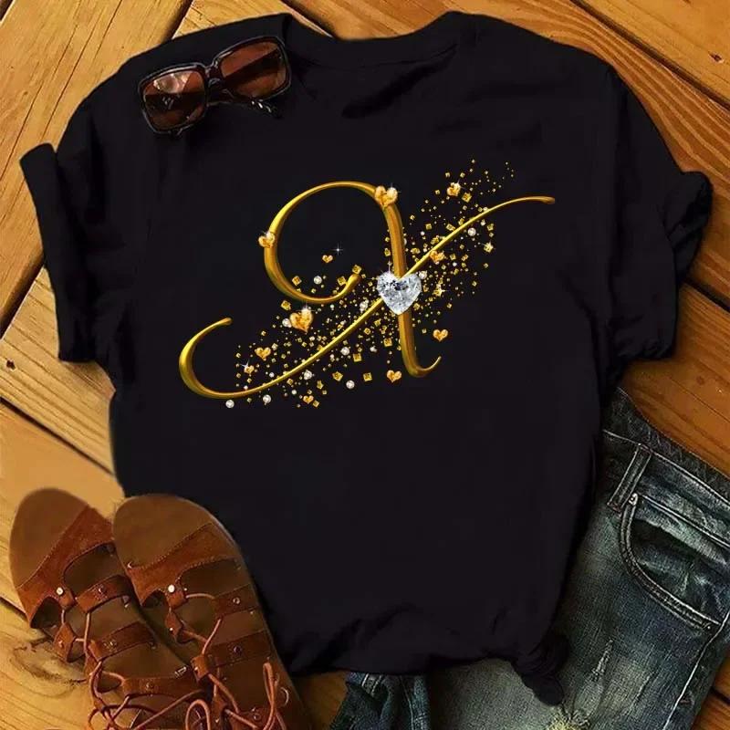A letter combination Tshirt with a custom name suitable for short sleeved women's clothing with gold diamond letter font ABCDEF
