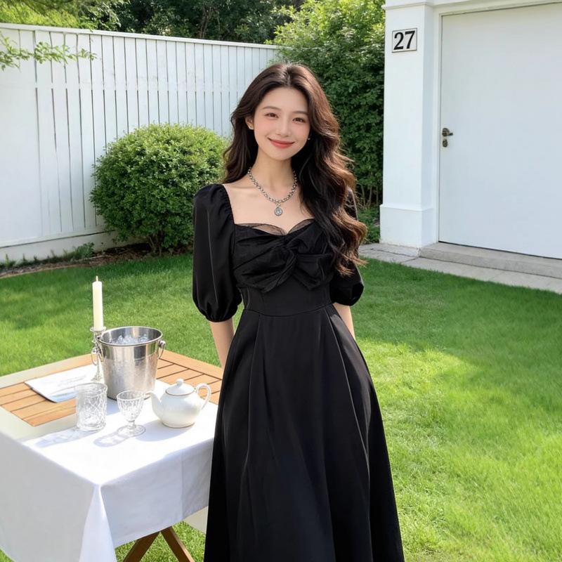 Large size new summer fat sister bow gentle wind dress French long dress covering belly and showing thin skirt