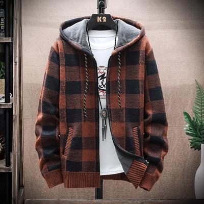 Men's Winter Plaid Sweater Hooded Cardigan Coat Fleece Warm Knit Jackets