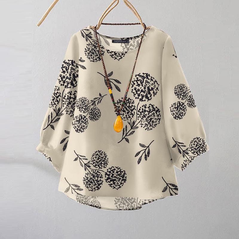 

ZANZEA Женская повседневная блузка с круглым вырезом и рукавом 3/4 с цветочным принтом L бежевый