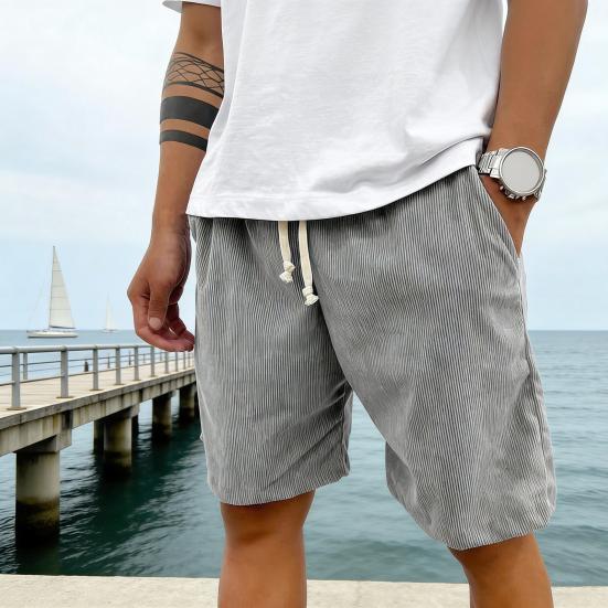 Men Shorts Elastic Waist Adjustable Leg Summer Corduroy Drawstring Wide Shorts with Pockets Loose Fit Casual