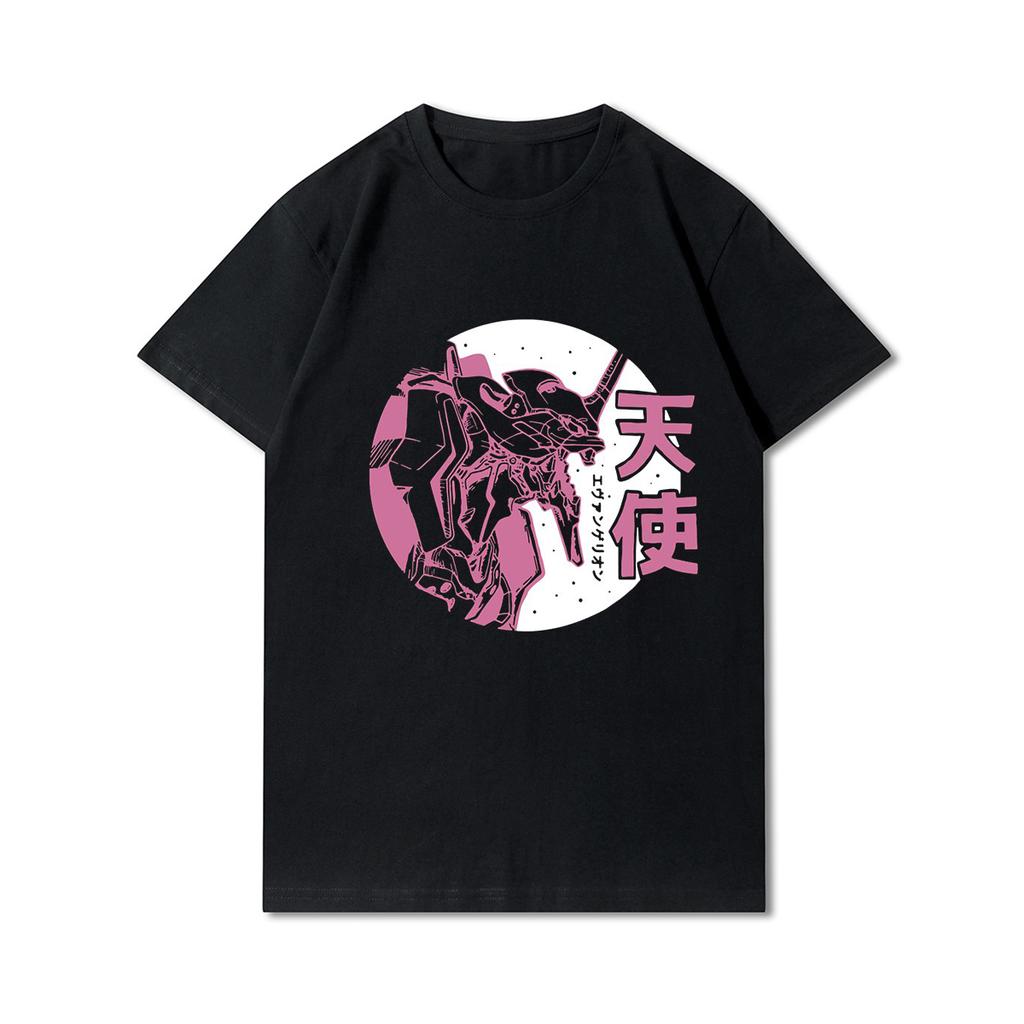 Plus Size Evangelion Printed Men T Shirts Round Neck Cotton Tops Summer Anime Casual Black Tees