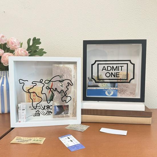 Travel Adventure Archive Shadow Box Square Ticket Stub Stamp Letter Photo Keepsake Storage Box with Slot Home Office Desktop Decoration