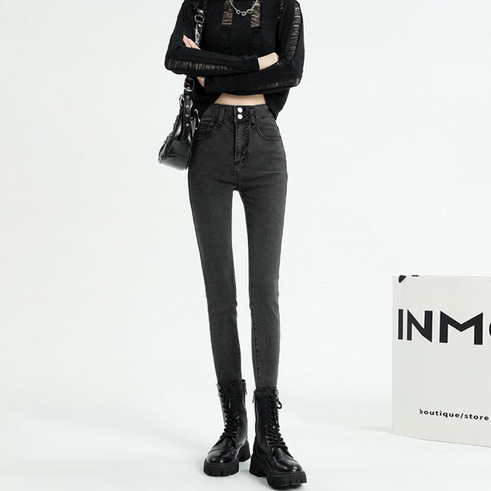 Korejská verze vysokých a malých džínů pro dámské jaro a podzim s vysokým pasem a tenkých, slim-fit elastických tužkových džínů s dvojitou přezkou