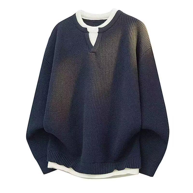 Men's Trendy Hong Kong Style Patchwork Sweater - Winter Round Neck Old Money Knitwear Casual Base Layer