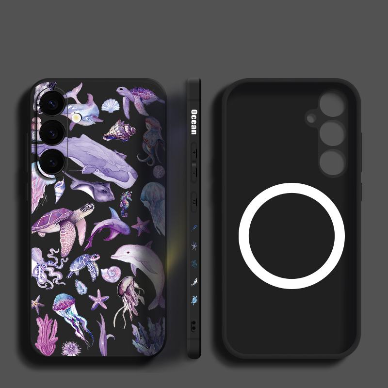 Fantasy Ocean Line Whale Print Case For Samsung Galaxy S26 Ultra S25 FE S24 S23 S22 Plus S21 FE Built-in Metal Plate Magnetic Silicone Cover