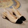 Fashion Luxury Apricot/Black Mixed Color Sandals Woman Slingback Ankle Strap Shoes Ladies Med-High Heels Sandalias Office Dress Tacones