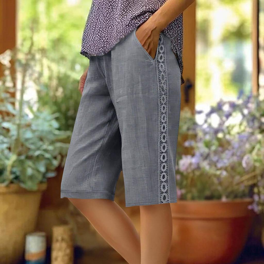Women's Fashion Color Loose Pocket Elastic Waist Cotton Linen Casual Five Pants