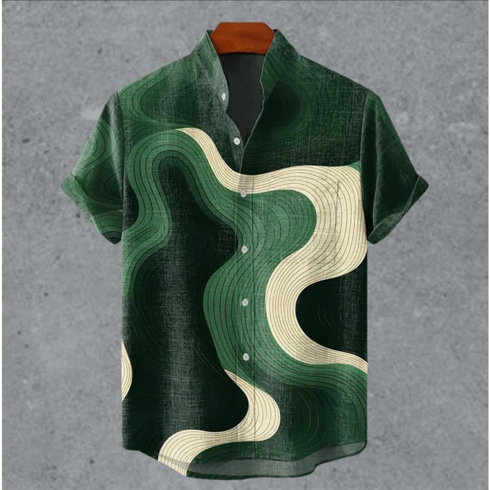 Art retro vintage men's shirt with mottled marks, standing collar printed short sleeved shirt, casual and comfortable top