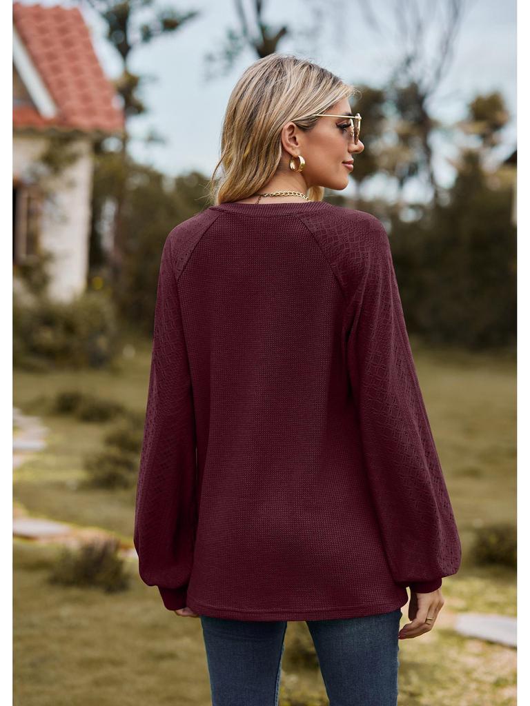 2023 European & American Solid Color V-Neck Splicing Long-Sleeve Loose T-Shirt for Women
