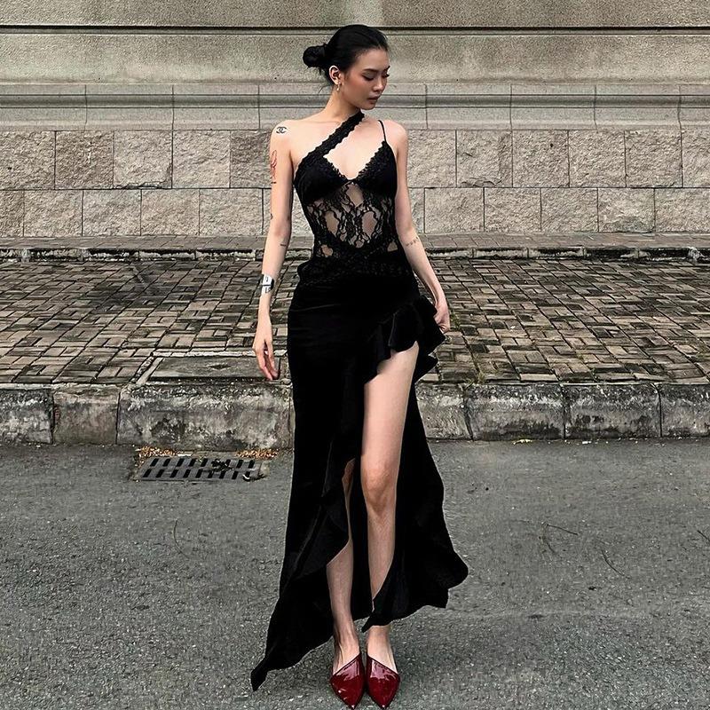 Ladies Spice Street Irregular Design Lace Patchwork See-through Backless Dress